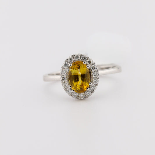 yellow gemstone sapphire with diamonds and white gold